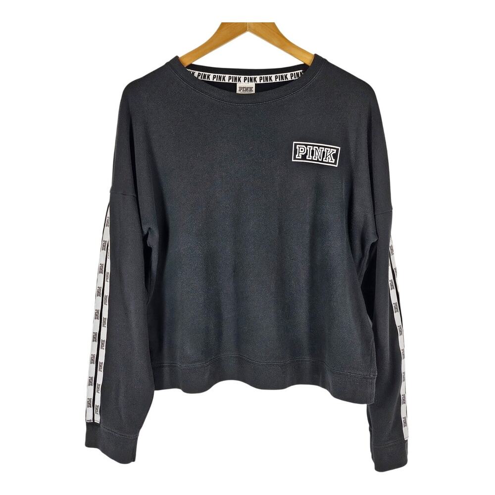 VS PINK VICTORIA'S SECRET BLACK PULLOVER SWEATSHIRT STRIPED SLEEVES SIZE MEDIUM